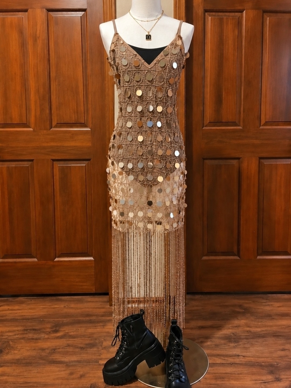Nasty Gal Sheer Bronze Sequin Fringe Mini Dress